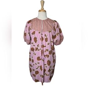 Boho Floral Midi Dress Pink Brown Tassel Tie Pockets Oversized Size M